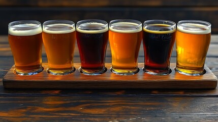 Six Craft Beer Flight on Wooden Board