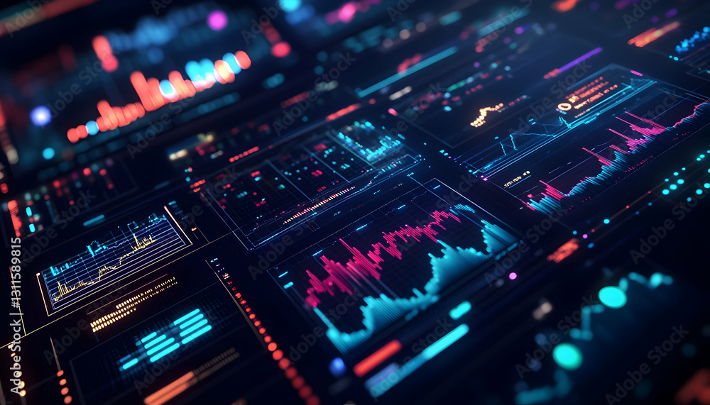 Poster a futuristic stock market dashboard with glowing graphs and data visualizations -