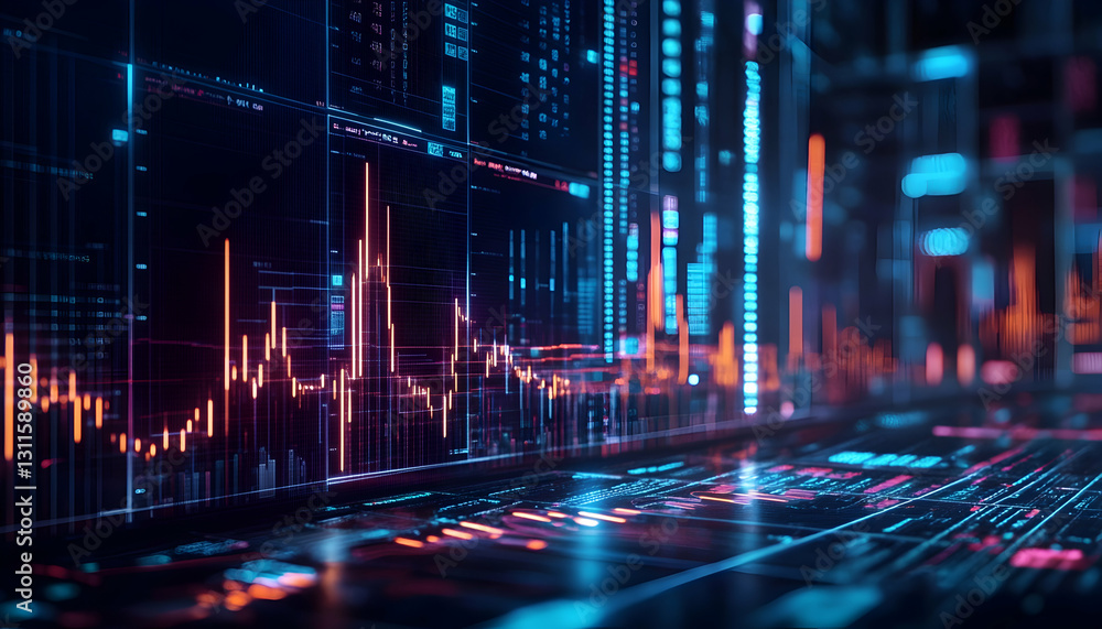Aufkleber a futuristic stock market dashboard with glowing graphs and data visualizations -