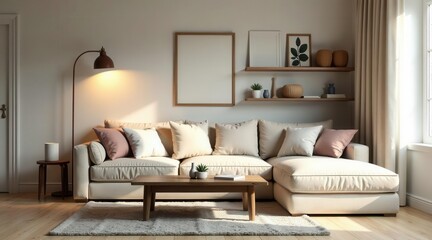 Serene Living Room Design Featuring a Plush Sectional Sofa, Wooden Coffee Table, and Stylish Decor