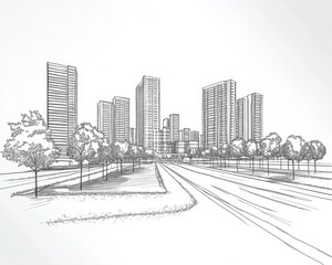 Hand-Drawn Urban Landscape Development Sketch of High-Rise Buildings