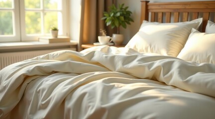 Serene Morning Light Illuminates Soft Cream Bedding on a Wooden Bed Frame, Creating a Peaceful and Inviting Bedroom Atmosphere