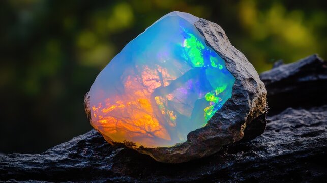 A natural rough opal stone reflecting an iridescent rainbow of colors.