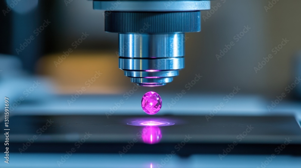 Poster A precision microscope capturing the tiny inclusions in a gemstone.