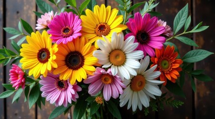 Fototapeta premium Vibrant bouquet of diverse wildflowers arranged in a captivating composition, showcasing a spectrum of colors and textures against a rustic wooden backdrop.