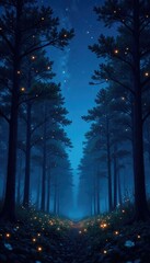 Fototapeta premium Starry night forest scene with twinkling trees, leaves, branches, twinkling lights