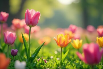A vibrant field of tulips basking in the warm sunlight, showcasing a spectrum of colors and delicate petals, a picturesque spring scene