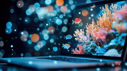 A laptop displaying a vibrant digital aquarium as its wallpaper.