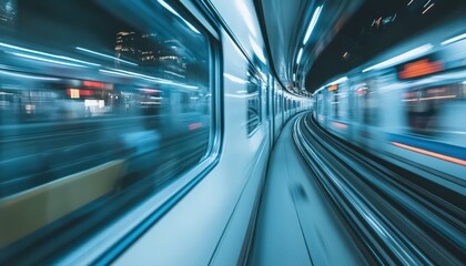 Fototapeta premium Fast Subway Train in Motion Blur Through City Tunnel
