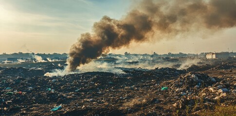Smoke from a burning waste dump rising into a clear blue sky, highlighting environmental pollution concerns.