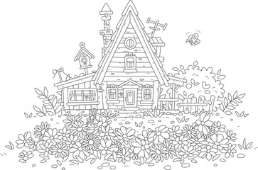 Obraz premium Beautiful flowerbed and a charming village wooden house in countryside on a sunny summer day, black and white outlined vector illustrations for a coloring book