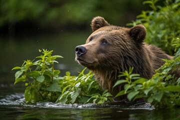 Obraz premium Majestic Brown Bear Emerging from Water in Lush Green Wilderness