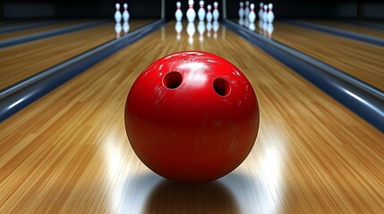 Red bowling ball on bowling lane
