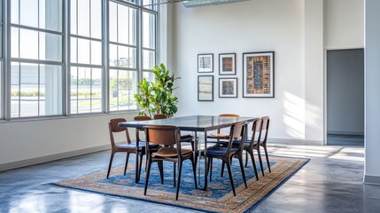 Fototapeta premium Modern dining room with large windows overlooking city, ideal for corporate or private events