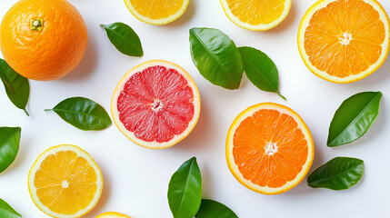 A composition of delicious citrus fruits and fresh green leaves is displayed on a white background.