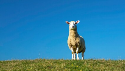 A Sheep Stands Proudly Against a Clear Blue Sky