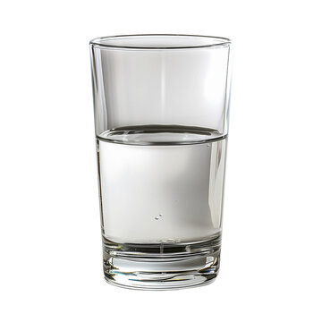 Crystal-clear half full glass of water isolated on a white background, symbolizing purity, hydration, and freshness