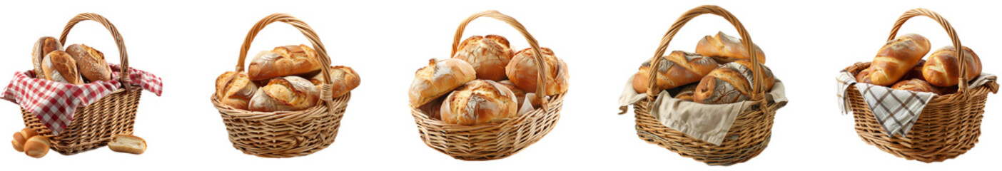 Obraz premium Bread in basket on transparent background collection set