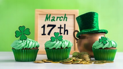 St. Patrick's Day Celebration Template with Cupcakes, Leprechaun Hat, and "March 17th" Sign on White Table. Spring Holiday Party Decoration and Wallpaper Design.