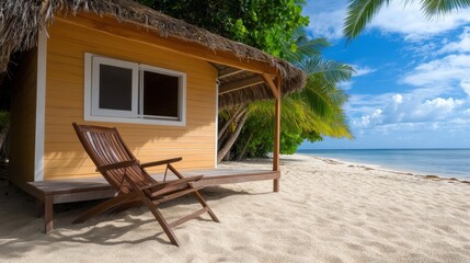 Fototapeta premium A serene beach scene featuring a cozy wooden cabin, a lounge chair, and clear blue skies, perfect for relaxation and leisure.