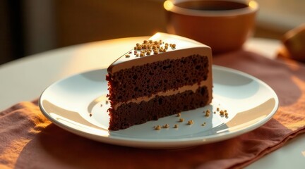 A decadent slice of chocolate layer cake, adorned with a delicate sprinkle of crunchy granules, rests on a pristine white plate, bathed in the warm glow of afternoon sunlight.