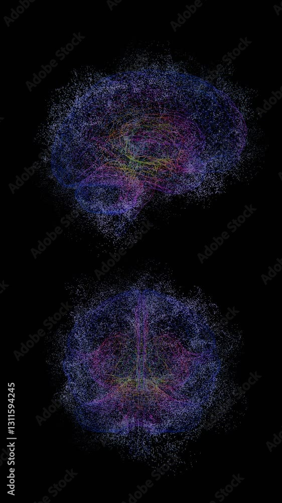Poster Complex multi-colored BRAIN data visualization of swirling particles forming a brain-like shape on a black background, evoking a futuristic, conceptual design

