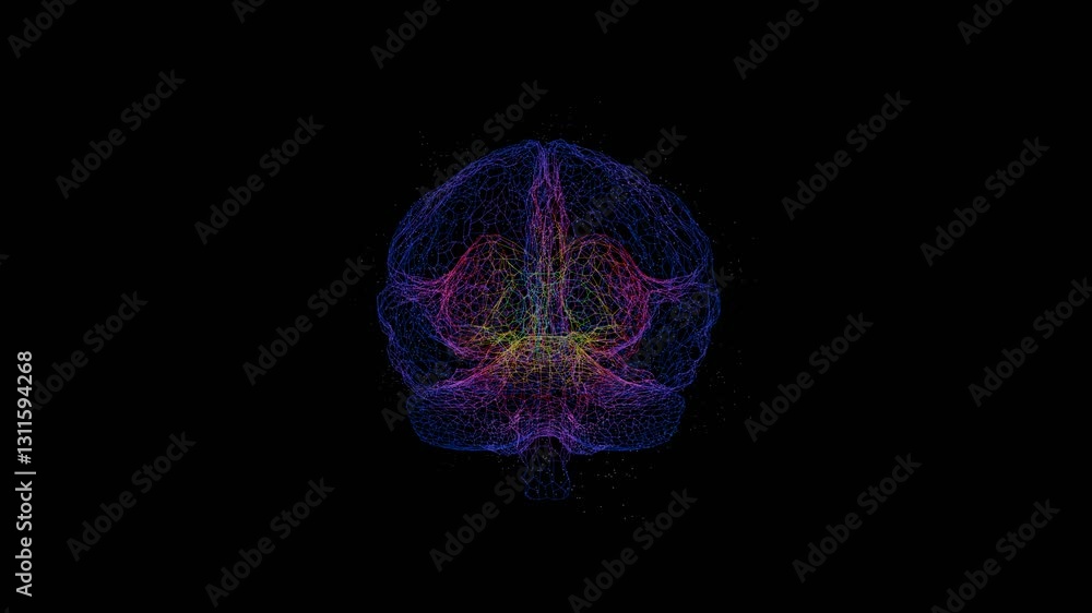 Poster Complex multi-colored BRAIN data visualization of swirling particles forming a brain-like shape on a black background, evoking a futuristic, conceptual design


