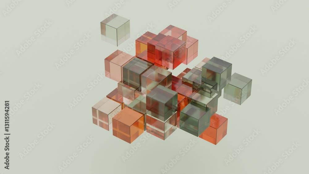 Fototapete Floating translucent cubes in red and pink hues, creating a vibrant and dynamic abstract design against a soft gradient background.