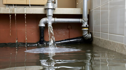 Leaking pipe causing water damage, highlighting urgency for repair, Plumbing repair concept