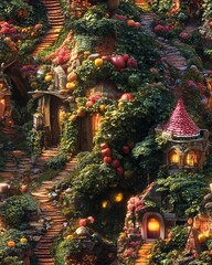 Fototapeta premium Enchanted fairytale village nestled in lush greenery, with stone pathways, charming houses, and abundant fruit. Magical fantasy scene.