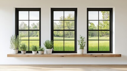 Fototapeta premium Modern farmhouse style windows with plants on a shelf