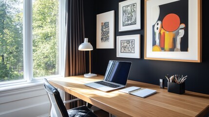 Home office desk near window, art on wall, sunlight