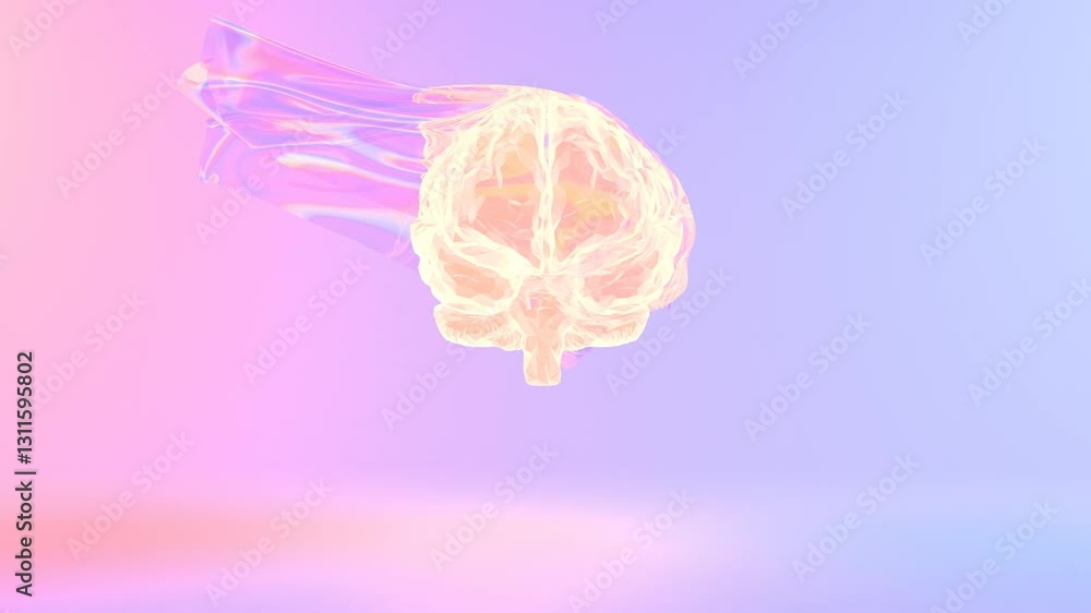 Poster a glowing, holographic 3d brain floating against a soft gradient background, combining digital and s