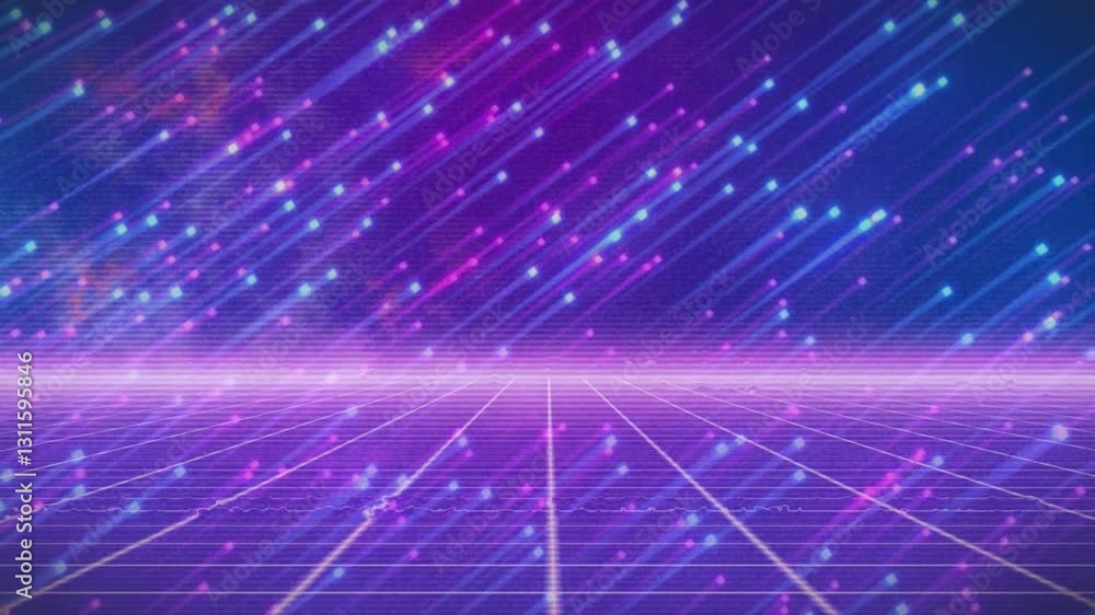 Poster vibrant neon lights and glowing particles creating retro futuristic animation grid