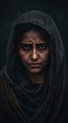 A close-up portrait of a woman with an intense expression, wearing a dark, textured scarf. The lighting highlights her features dramatically.