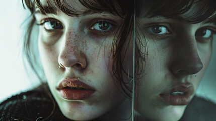 Woman with freckles staring into mirror with intense expression.