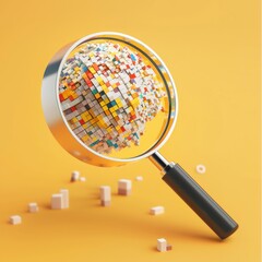 A magnifying glass hovering over a pixelated map turning into a 3D topographical globe.