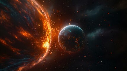 Obraz premium A stunning depiction of a fiery planet and a smaller blue planet floating in space, showcasing cosmic beauty and intense color contrast.