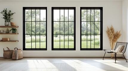 Fototapeta premium Modern room with large windows, looking onto a garden. Possible use Stock photo for interior design
