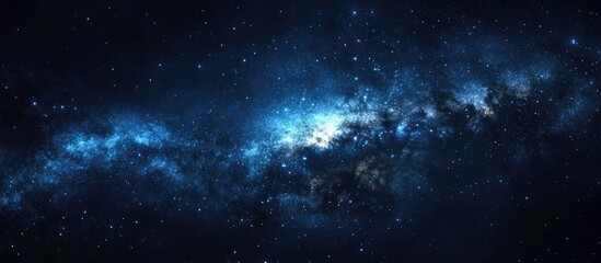 Milky Way panorama with vibrant blue and white stars against a dark night sky featuring a sweeping galactic band across a serene cosmic backdrop.