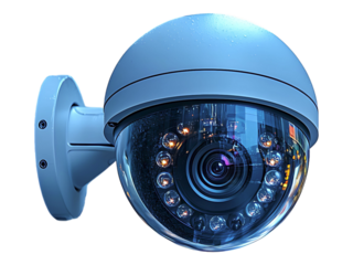 Modern security camera mounted on a building exterior, overlooking a blurred city street at dusk.  The image conveys safety, surveillance, and urban technology.