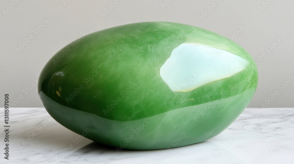 Poster a synthetic jade stone with smooth edges and a rich green color displayed on a marble surface.