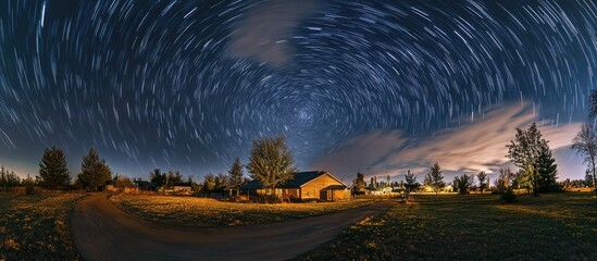 Panoramic view of a starry night sky with drifting clouds above a rustic house surrounded by trees, featuring deep blues and warm earth tones.