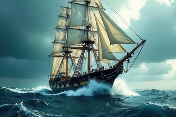 Fototapeta premium A majestic sailing ship cuts through powerful ocean waves, its sails billowing under a dramatic sky