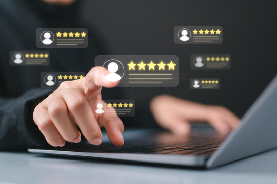 Customer feedback and review good rating concept, woman in a business suit interacting with floating digital 5-star customer reviews. testimonial and testimony, user comment and feedback for review.
