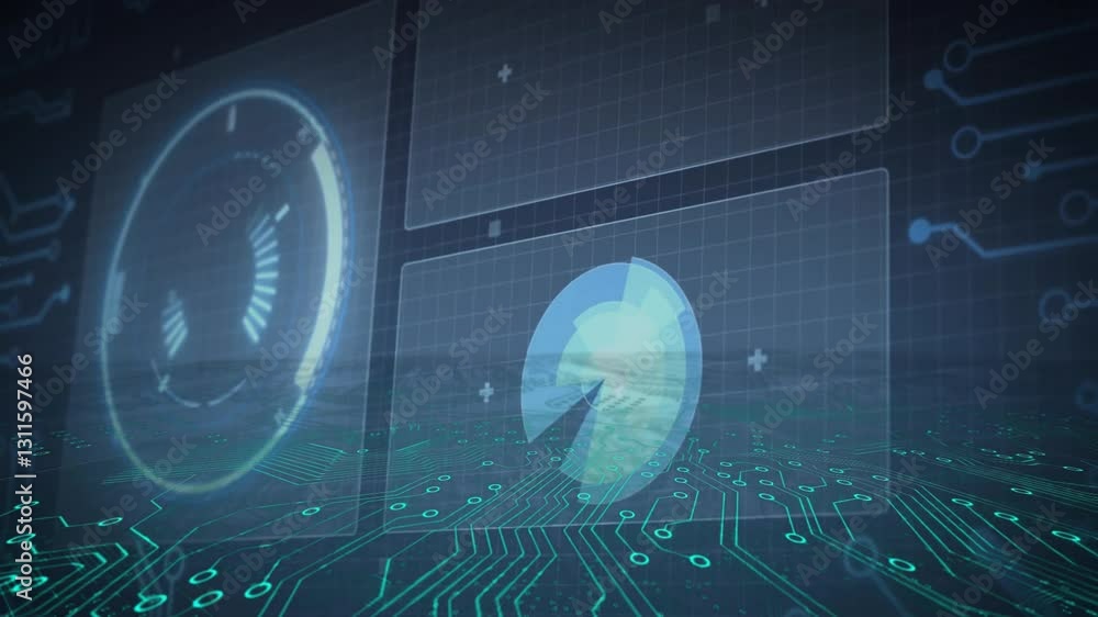 Poster animation of futuristic digital interface with circuit patterns in school setting