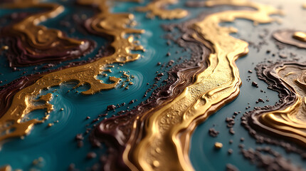 Gold Brown Teal Swirls Abstract Texture | Metallic Liquid Paint Modern Art Design