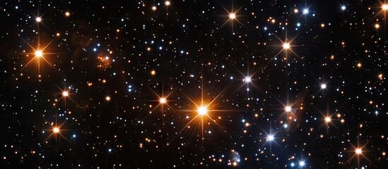 Obraz premium Vibrant starry night sky featuring scattered bright white and orange stars against a deep black background, showcasing long exposure cosmic beauty.