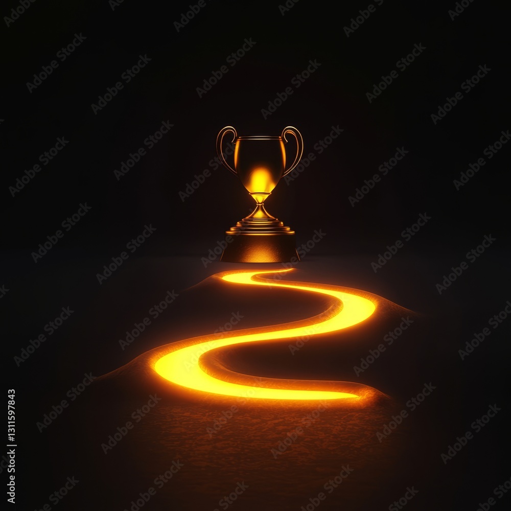 Poster glowing golden trophy on an illuminated path in 3d render