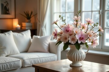 Serene Living Room Decor Delicate Pink Blossoms in Elegant Vase on Wooden Table